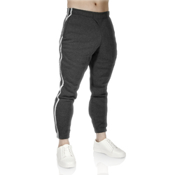 Mens Fleece Skinny Track Pants Jogger Gym Casual Sweat Trackies Warm Trousers - Charcoal Marle/White Stripe - M