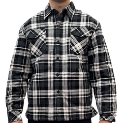 Mens QUILTED FLANNELETTE SHIRT 100% COTTON Flannel Jacket Padded Long Sleeve - Black/Charcoal/White (Quilted) - S