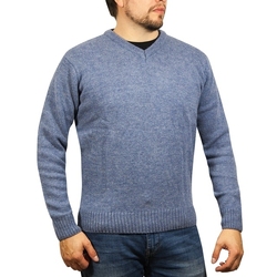 100% Shetland Wool V Neck Knit Jumper Pullover Mens Sweater Knitted - Sky (40) - 3XL