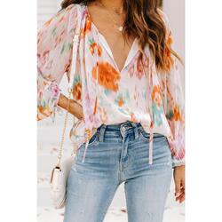 Azura Exchange Abstract Print Split Neck Puff Sleeve Blouse - S