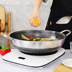 40cm Double Ear 316 Stainless Steel Non-Stick Stir Fry Cooking Kitchen Wok Pan with Lid Honeycomb Double Sided