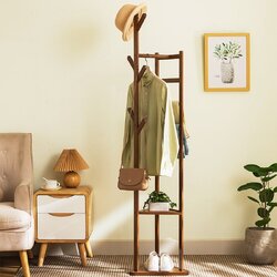 Bamboo Clothes Coat Rack Garment Stand Shelf Tree Hanger Bag Hat Hook Holder Dark Brown