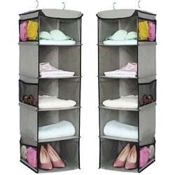 2 Pack 5 Foldable Shelf Hanging Closet Organizer Space Saver with Side Accessories Pockets for Clothes Storage