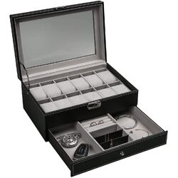 12 Slot PU Leather Lockable Watch and Jewelry Storage Boxes (Black)