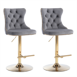 2x Height Adjustable Swivel Bar Stool Velvet Studs Barstool with Footrest and Golden Base- Grey