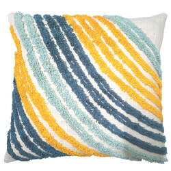 Cream cushion with blue/yellow tufted stripes 45x45cm