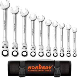 10Pc Flexible Head Ratchet Spanner Set Metric Wrench CRV With Carry Pouch 8-22MM