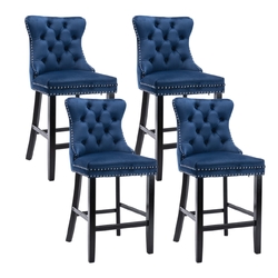 4X Velvet Bar Stools with Studs Trim Wooden Legs Tufted Dining Chairs Kitchen