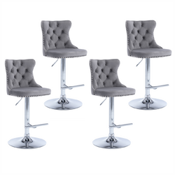 4x Height Adjustable Swivel Bar Stool Velvet Stud Barstool with Footrest and Chromed Base- Gray