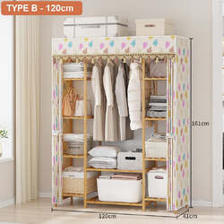 120cm Width Bamboo Clothes Rack Garment Closet Storage Organizer Hanging Rail Shelf Fabric Dustproof Cover