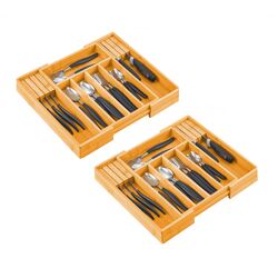 2 Pack Large Capacity Bamboo Expandable Drawer Organizer with Knife Block Holder for Home Kitchen Utensils