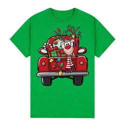 100% Cotton Christmas T-shirt Adult Unisex Tee Tops Funny Santa Party Custume, Car with Reindeer (Green), M