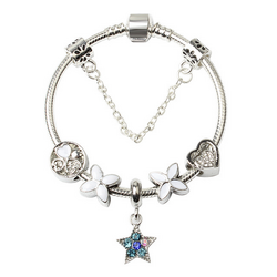 Women Silver Plated Bracelet Snake Chain with Classic Bead Barrel Clasp and Blue Star Pendant(19cm)