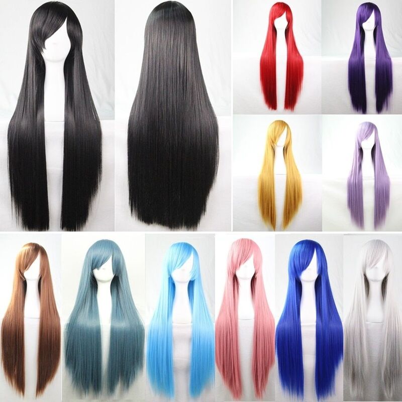 New 80cm Straight Sleek Long Full Hair Wigs w Side Bangs Cosplay