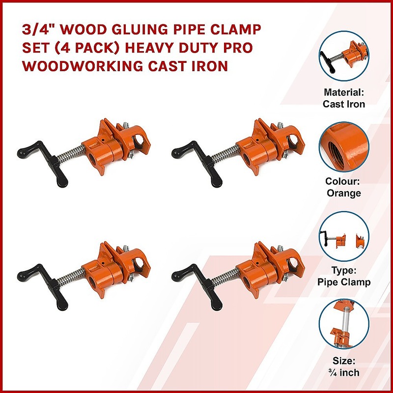 (4 Pack) 3/4 Wood Gluing Pipe Clamp Set Heavy Duty PRO Woodworking Cast  Iron