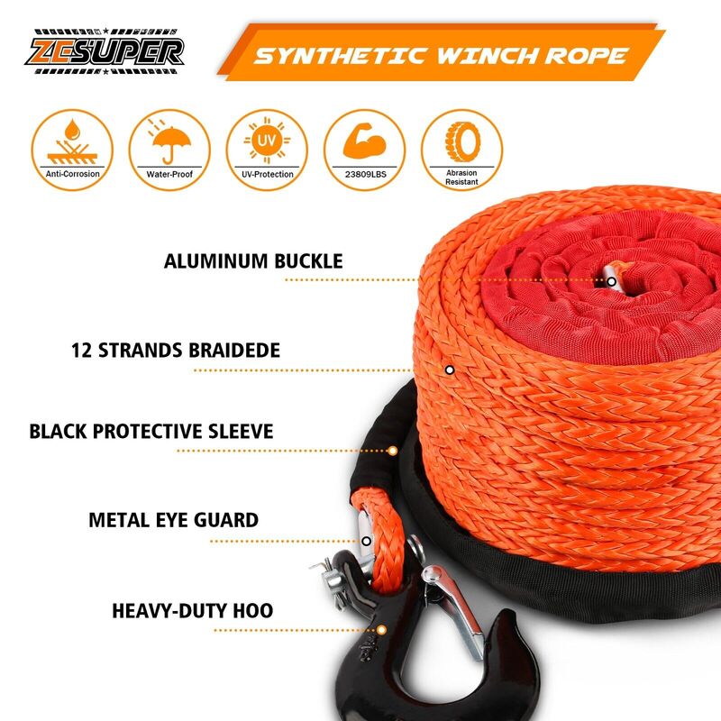 ZESUPER Winch Rope 9.5MM X 30M Dyneema SK75 Hook Synthetic Car Tow