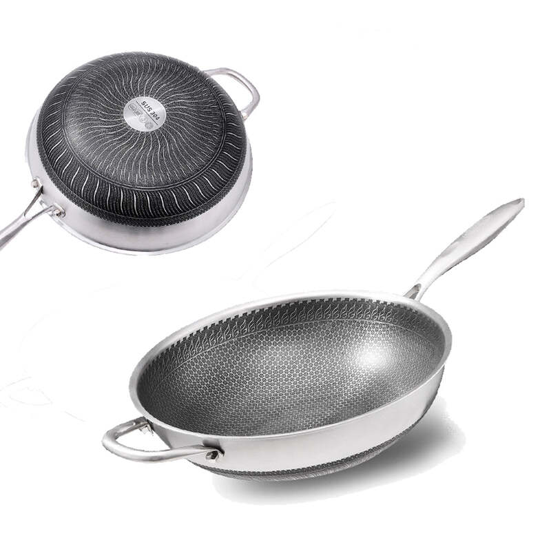 Non Stick Double Sided Honeycomb Cooking Frying Wok Pan with Lid Stainless  Steel