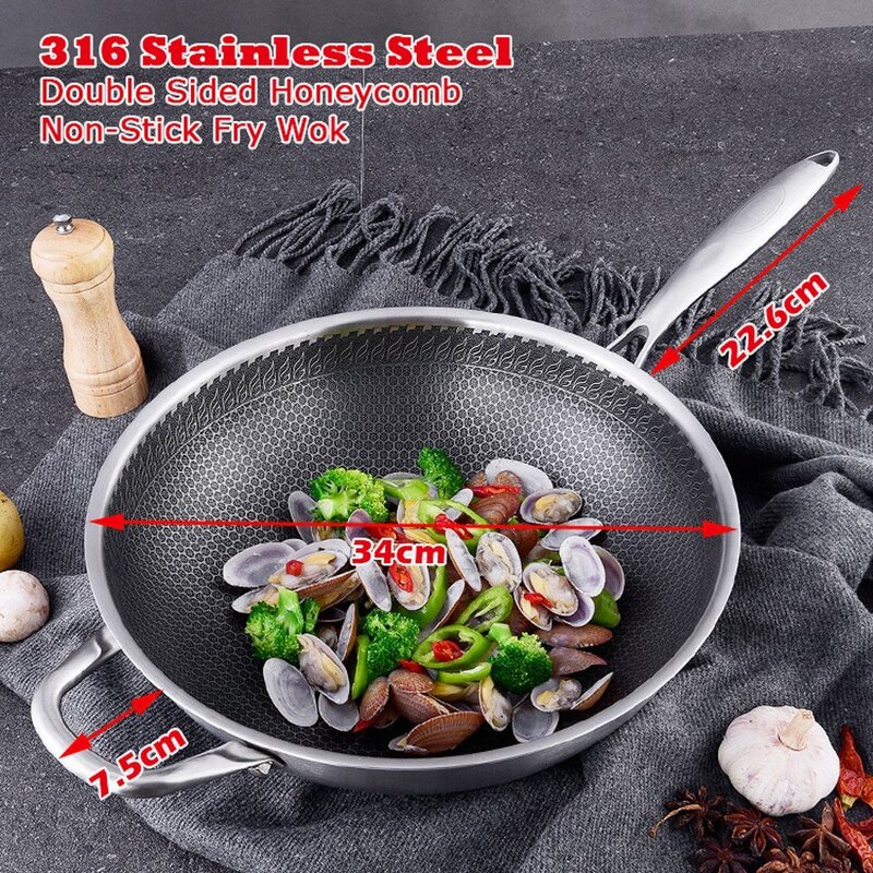 34CM Stainless Steel Non Stick Double Sided Honeycomb Cooking Frying Pan  Wok