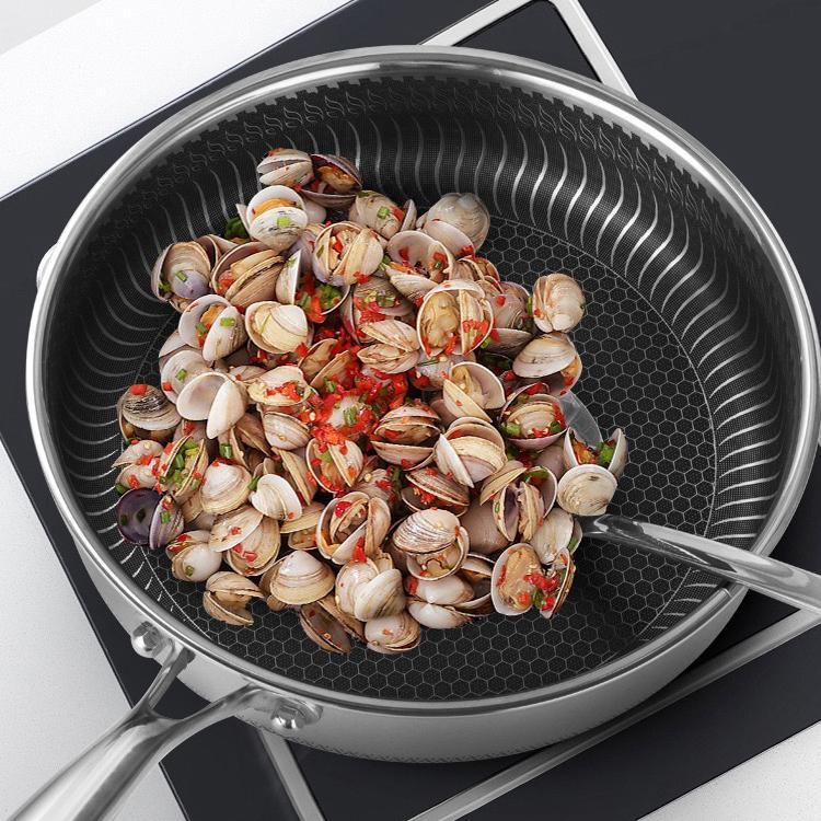 Stainless Non Stick Double Sided Honeycomb Cooking Frying Pan Wok + Glass  Lid 