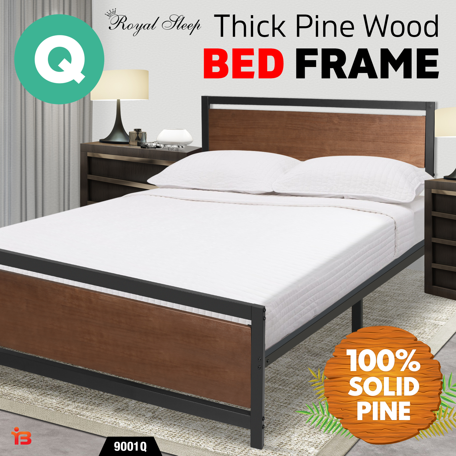 Royal Sleep Wooden Bed Frame Queen Size with Metal Frame