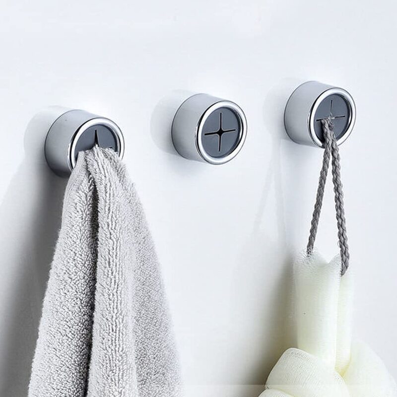 Round Adhesive Push Towel Hooks for Kitchen & Bathroom, Hand and Dish Towels, Gray, 4 Pack Tea Towel Holder, Silver