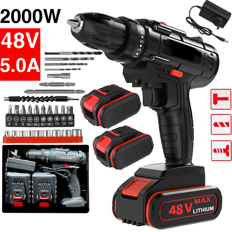 48V BRUSHLESS HEAVY DUTY CORDLESS DRILL IMPACT DRIVER KIT HAMMER 2 BATTERY Box