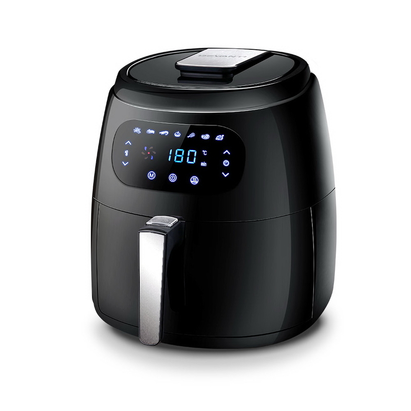 A sleek black air fryer with a digital display set to 180 degrees, highlighting its modern design and functionality.