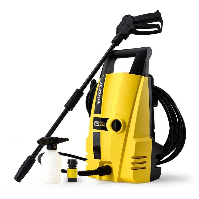 a portable electric pressure washer with a striking yellow casing and black detailing.
