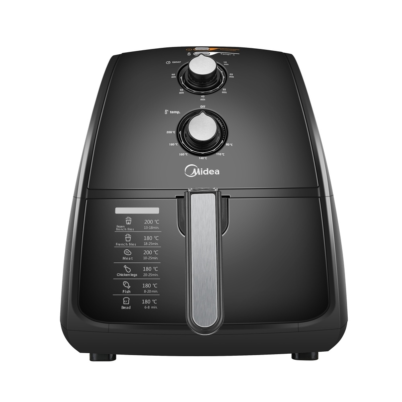  black Midea air fryer with control knobs and cooking settings displayed on the front, showcasing its easy-to-use interface and versatility.
