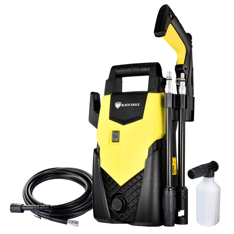 A sleek, black and bright yellow electric pressure washer by Black Eagle, designed for high performance and durability.
