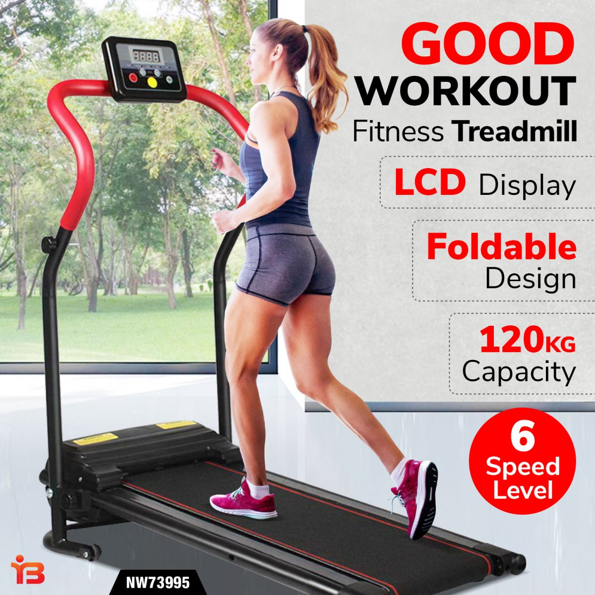 Promotional image of a 'Good Workout' fitness treadmill with LCD display, foldable design, supporting up to 120 kg capacity, set in a park-like setting.